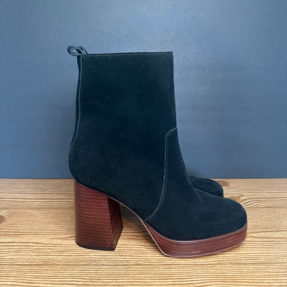 Marc Fisher Marisa Black Suede Chunky Wood Platform Block Heeled Bootie Boot 8.5 - Picture 2 of 14